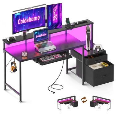 Ігровий стіл Coleshome з LED підсвіткою 140x48 см, з ящиками, 2 розетками та 2 USB портами, з підставкою для монітора, чорний