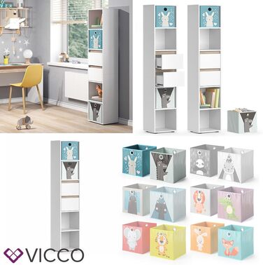 Дитячий стелаж Vicco Robert білий/сонома 36,2x171 см з кольоровими та сірими коробами для зберігання