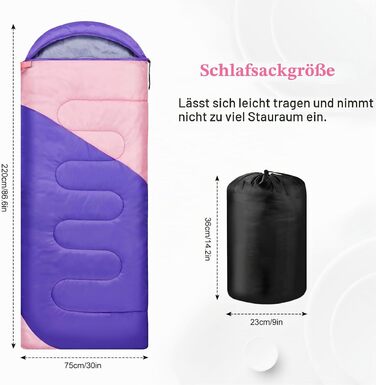 Легкий компактний спальний мішок для дорослих та дітей на 3-4 сезони, прямокутний туристичний спальник для кемпінгу з сумкою для зберігання (Фіолетовий+Рожевий)