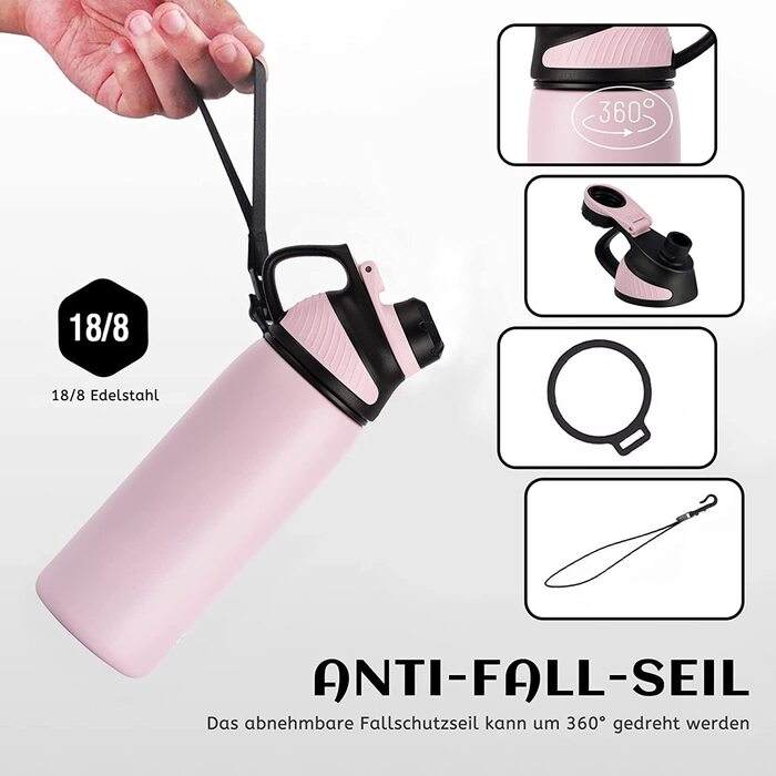 Спортивна термопляшка Fjbottle з нержавіючої сталі з магнітною кришкою, герметична та без BPA, для води та газованих напоїв, 1000 мл, Рожева