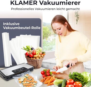 Вакууматор KLAMER Vakuumierer Pro 80 (2025) для сухих та вологих продуктів, для Sous Vide, сріблястий, з пакетами та шлангом