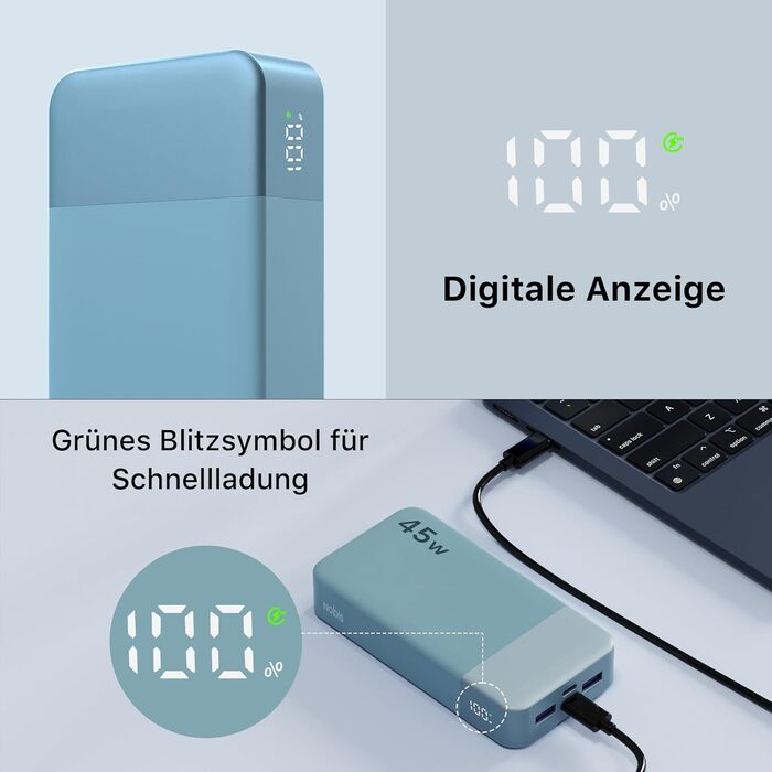 Power Bank Nobis 20000mAh, 45W з кабелем USB-C, Digital Display, для Android, Laptop, Phone (Блакитний)