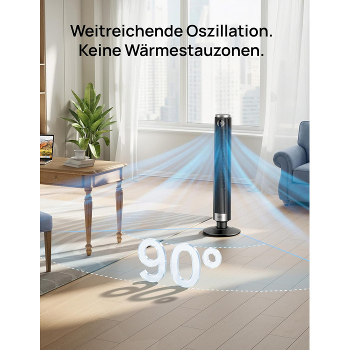 DREO Smart Tower Fan 102-114 см - Вежний вентилятор з пультом, 9 режимів, 4 режими, 90° осциляція, 12 год таймер, DC мотор, надтихий (20 дБ), для дому та офісу, чорний