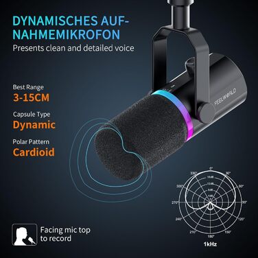 FEELWORLD PM1: Динамічний мікрофон XLR/USB з RGB-підсвіткою для подкастів, YouTube, геймінгу та студії. З навушником, підставкою та кабелем.