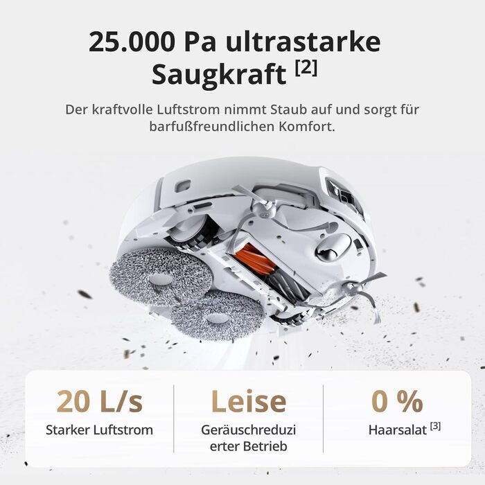 Робот-пилосос DJI ROMO S з функцією миття підлоги, 25 000 Па потужність всмоктування, розпізнавання перешкод рівня дрона, два робочі руки, 200 днів без обслуговування, автоматичне очищення та сушіння моп-насадки (DJI ROMO A (версія з баком для води))