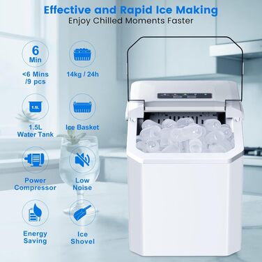 Льодогенератор Ice Cube Maker 12 кг/24 год, білий - швидке виробництво льоду (6-8 хв), 2 розміри кубиків льоду, самоочищення для дому, офісу, бару
