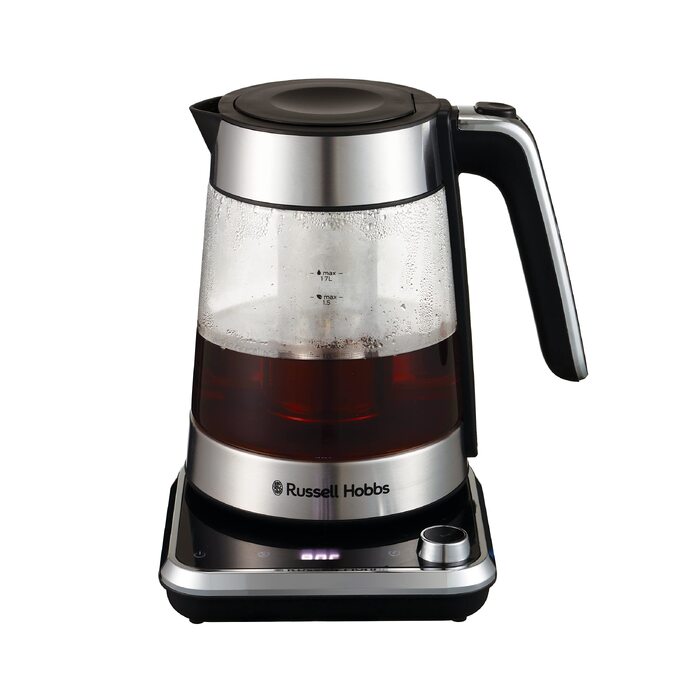 Скляний електрочайник Russell Hobbs Attentiv 26200-70 з регулюванням температури (40-100°C), ситом для чаю, цифровим керуванням та функцією підігріву, 1.7л, 2400Вт, нержавіюча сталь