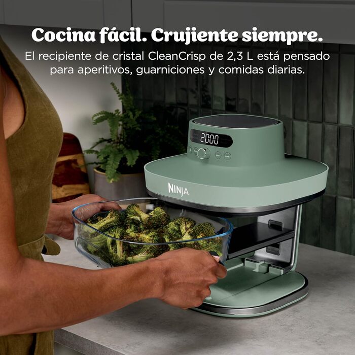 Скляна аерофритюрниця Ninja CRISPi PRO XL Air Fryer з 5 функціями, контейнерами CleanCrisp (5,7 л та 2,3 л) та кришкою для зберігання, колір моховий зелений, AS090EUGN