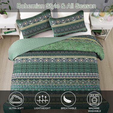 Покривало WONGS BEDDING 200x220 см, стьобане, 3 предмети, мікрофібра, зелений, з 2 наволочками 50x75, для двоспального ліжка та дивана, Boho стиль