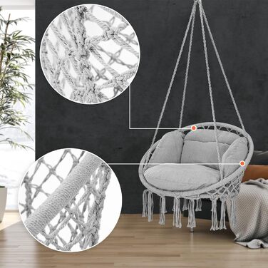 DETEX® Гамак-крісло підвісне до 150 кг, Boho стиль, стійке до погодних умов, сертифікат GS, для саду, 360° обертання, для дому та вулиці, з зручною подушкою (Світло-сірий)