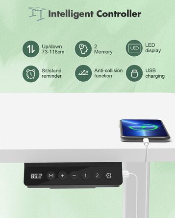 Електричний регульований стіл Devoko з USB, 160x70 см, білий – офісний комп'ютерний стіл для роботи сидячи/стоячи