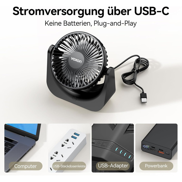 VOXON USB Настільний вентилятор міні з 5 швидкостями, тихий USB-вентилятор з кабелем 1.5м для офісу, дому, спальні, чорний