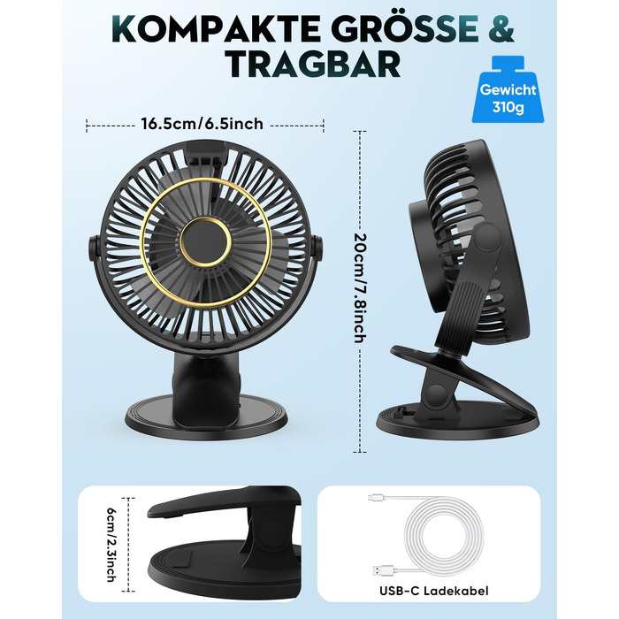 COZII Міні-вентилятор USB: кліпса на стіл, 720° поворот, 5 швидкостей, LED-дисплей. Портативний вентилятор для дому, офісу, дитячого візочка, подорожей - чорний