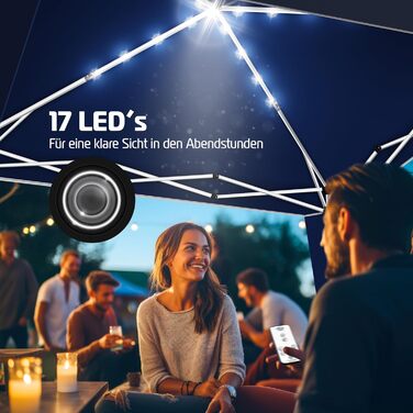 Павільйон KESSER 3x3 м з LED-підсвіткою на сонячних батареях, віддалене керування, водонепроникний садовий намет з регулюванням висоти, UV-захист 50+, сумка та анкери, синій