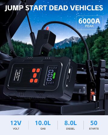 Пусковий інвертор Povasee 6000A з компресором 150 PSI та Powerbank, бустер для авто 12V з електричним насосом та ліхтариком (Помаранчевий/Чорний)