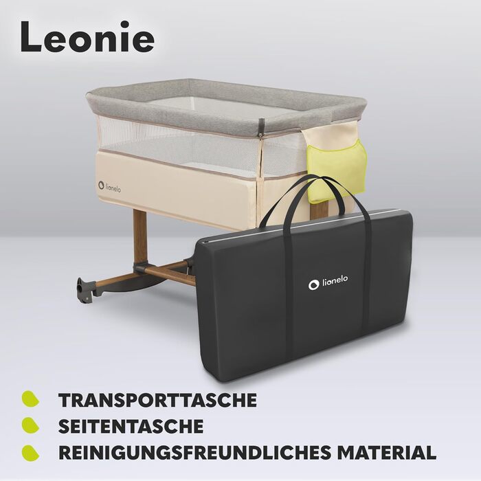 Дитяче ліжечко 3-в-1 Lionelo Leonie з маятниковою функцією, 5-рівневе регулювання висоти, нахил, матрац, знімна бокова стінка, колеса, бічна кишеня, легке транспортування