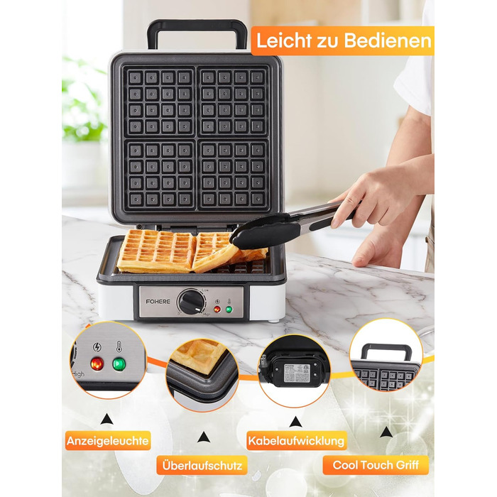 Вафельниця-гриль FOHERE XL 1200 Вт, електрична, антипригарна, для приготування вафель і паніні