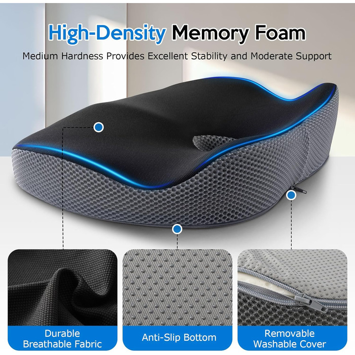 Подушка для офісного крісла з Memory Foam: ортопедична підкладка під куприк для зменшення тиску, широка подушка для сидіння для офісу, автомобіля та інвалідного візка, чорно-сіра