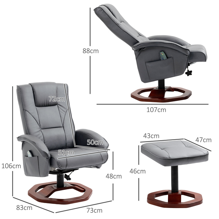 Масажне крісло HOMCOM Recliner з табуреткою Телевізор Функція відкидання на 360° з бічною кишенею Штучна шкіра 73 x 83 x 106см Темно-сірий