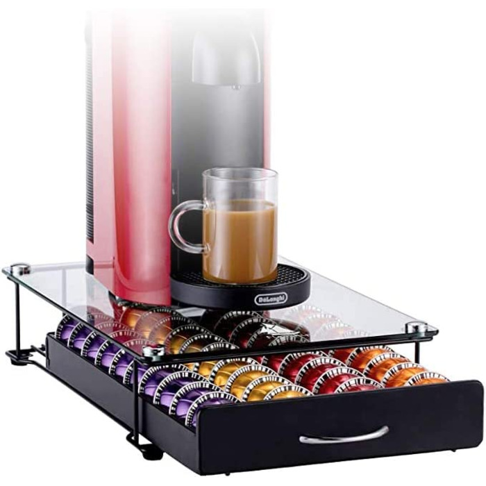Підставка для капсул Nespresso Vertuo HiveNets з шухлядою, чорна, для 40 капсул, загартоване скло