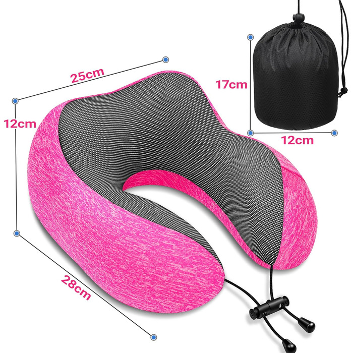 Подушка для подорожей під шию з ефектом пам'яті (Memory Foam) з 3D-маскою для сну та берушами, рожева — ідеальна для літака, авто та офісу