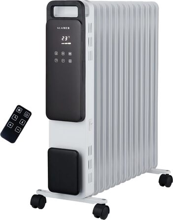 Масляний радіатор KLAMER 2500 Вт, 13 секцій, економний, електрообігрівач з термостатом, таймером, 3 режими, ECO, захист від перегріву і перекидання, дистанційне керування, чорний, для приміщень