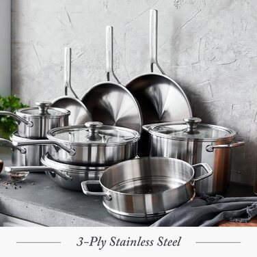 Набір посуду Merten & Storck Tri-Ply 8-Piece Cookware Set, нержавіюча сталь, індукційне дно, склокришки, придатний для духовки та посудомийної машини, сріблястий