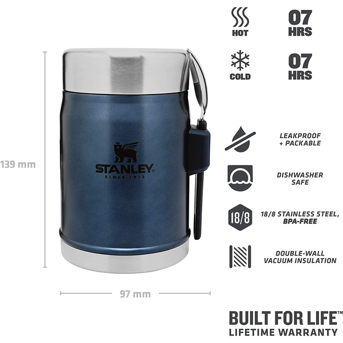 Термос для їжі Stanley Classic Legendary 400 мл з ложкою-виделкою, тримає тепло або холод до 7 годин, нержавіюча сталь, BPA-Free, можна мити в посудомийній машині, колір Nightfall