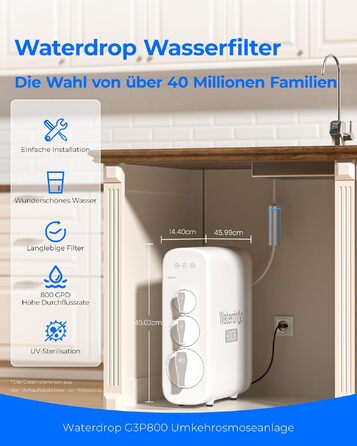 Waterdrop G2P600 Система фільтрації води зворотного осмосу, 8000 літрів, очищення 2:1, без бака, пом'якшувач води RO під мийку (G3-800G)