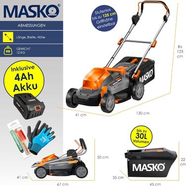 Акумуляторний газонокосарка MASKO з функцією мульчування, 2 акумулятори Li-Ion 4Ah, подвійний зарядний пристрій, триммер, ширина косіння 37 см, 6 положень висоти, кошик 40 л, площа до 600 м², в комплекті рукавички та щітка (ширина косіння 33 см, чорний/по