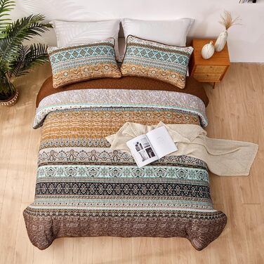 Покривало WONGS BEDDING Boho 220x240 см, стьобане, мікрофібра, 3 предмети: покривало і 2 наволочки 50x75, блакитне, для двоспального ліжка, спальня або диван