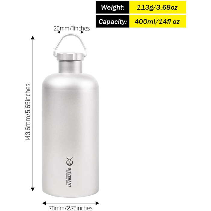 Фляга SILVERANT Titan для води 500 мл, легка, для кемпінгу, туризму та активного відпочинку (вузький горловик)