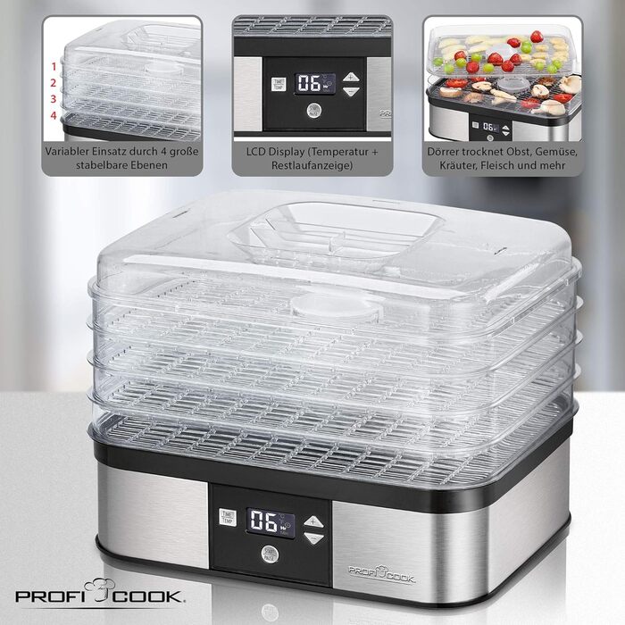 Сушарка для овочів і фруктів ProfiCook PC-DR 1218, нерж. сталь, 650 Вт, 6 рівнів, таймер, LED, BPA-free