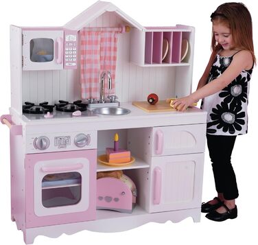 KidKraft Кухня для дітей Modern Country з дерева, рожева та біла, з фіранками, 53222 [Ексклюзив від Amazon]
