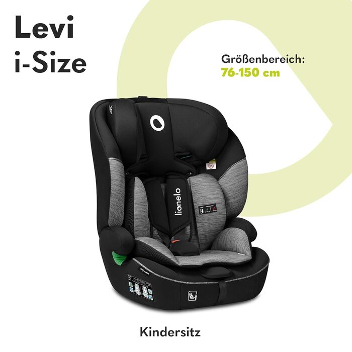 Автокрісло Lionelo Levi i-Size 76-150см R129, група 1/2/3, чорно-сірий, з Memory Foam та Dri-Seat