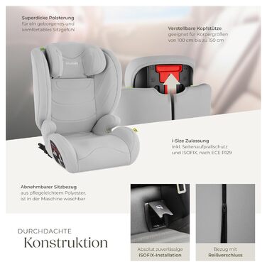 Автокрісло Tectake з 5-точковим ременем, i-Size, бічний захист, бустер для дітей 76-150 см (до 36 кг), сірий