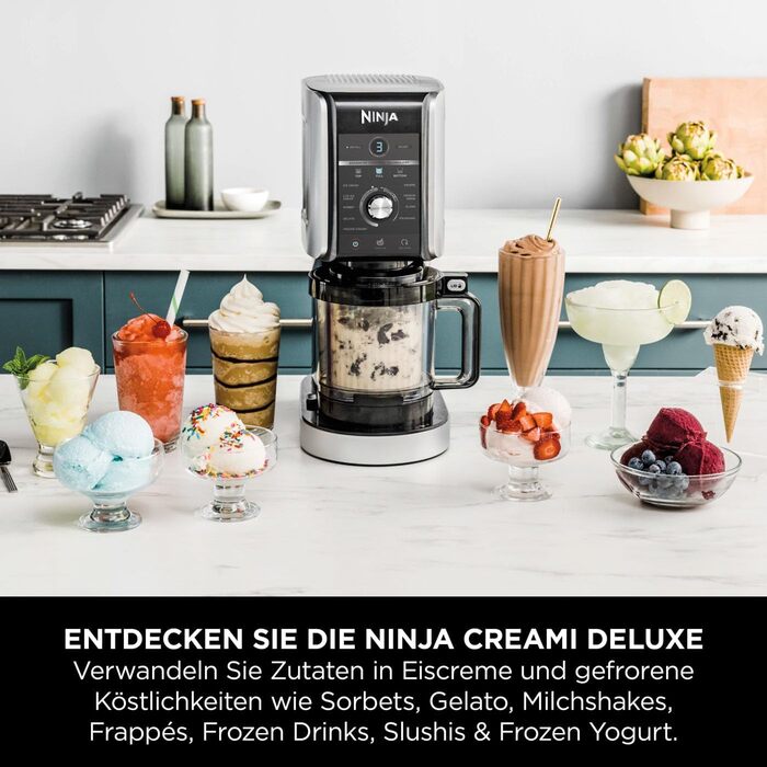 Морозивниця Ninja CREAMi Deluxe з 3 контейнерами, 10 функцій, для морозива, сорбету, йогурту, шейків, срібляста, NC501EU