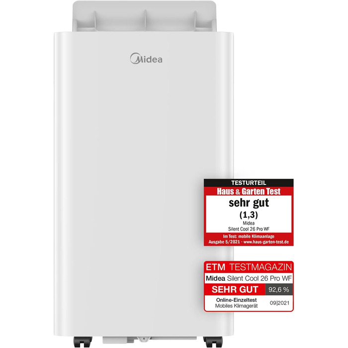 Мобільний кондиціонер Midea Silent Cool 26 Pro WF 9000 BTU, 2,6 кВт, для приміщень до 33 м², охолодження, вентиляція, осушення, з Wi-Fi, керування через додаток, Alexa, Google Home, IFTTT, з відвідним шлангом