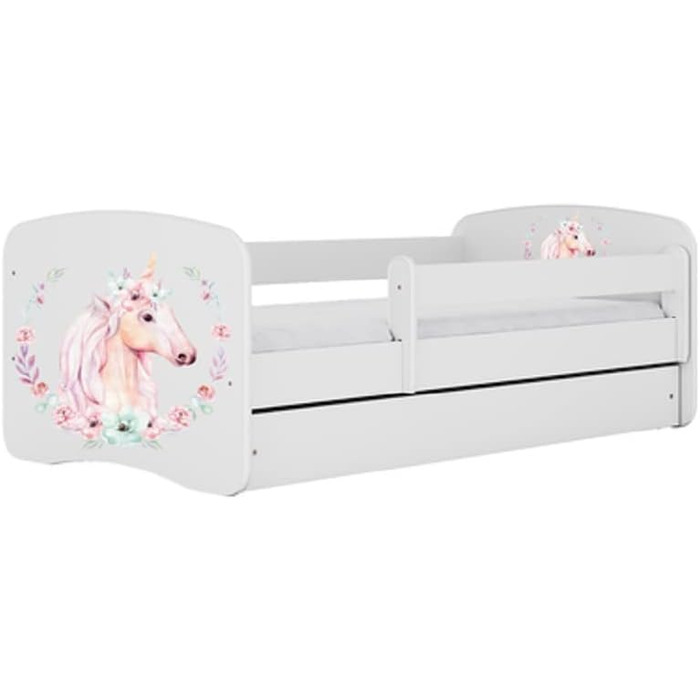 Дитяче ліжко Kids Collective 160x80 см з матрацом, бортиком, ламельною основою та шухлядою, біле, для дівчинки, рожеве з малюнком коня