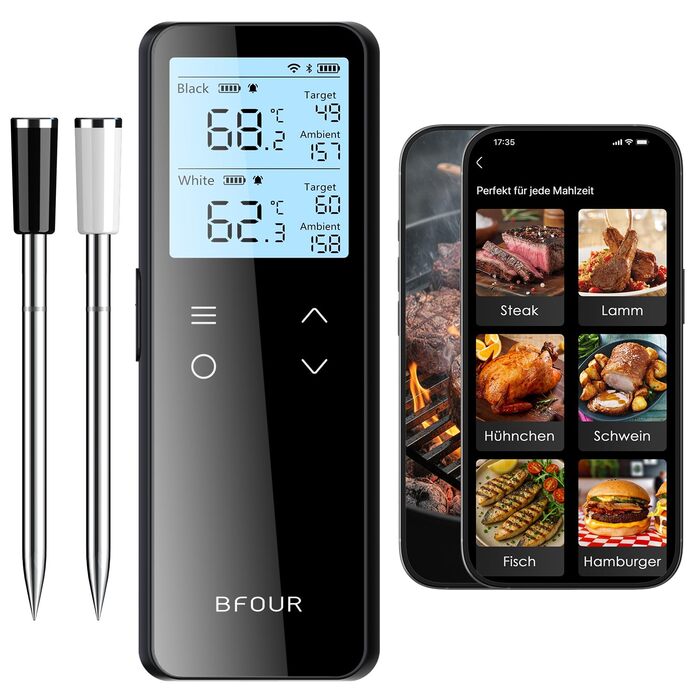 Бездротовий термометр для м'яса BFOUR BF-80 з Bluetooth та Wi-Fi, 2 зонди, 6 сенсорів, IP67 водонепроникний, сенсорне управління, APP-керування, термометр для приготування BBQ, духовки та гриля