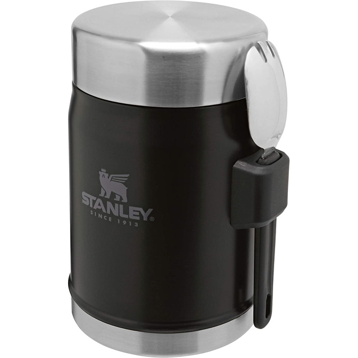 Термос для їжі Stanley Classic Legendary 400 мл з ложкою-виделкою, нержавіюча сталь, тримає тепло/холод 7 годин, BPA-free, чорний матовий, для їжі, для обіду, термобокс, придатний для миття в посудомийці