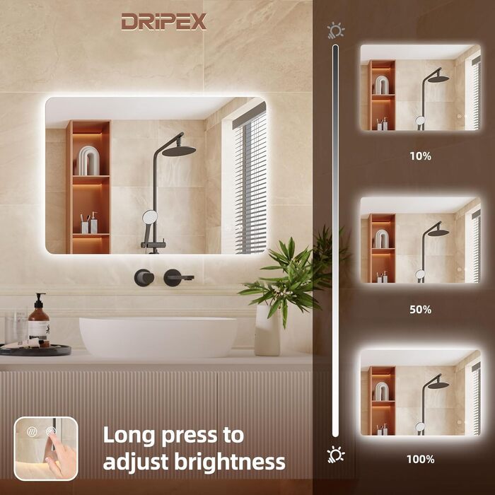 Дзеркало для ванної кімнати з LED підсвічуванням Dripex, сенсорне керування, регулювання яскравості, 3 кольори світла, антизапар, 80x80 см