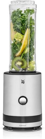Міксер-блендер WMF Küchenminis Smoothie-to-go, стаціонарний потужний блендер 300 Вт з двома пляшками-чашами по 0,6 л, матова нержавіюча сталь, сріблястий