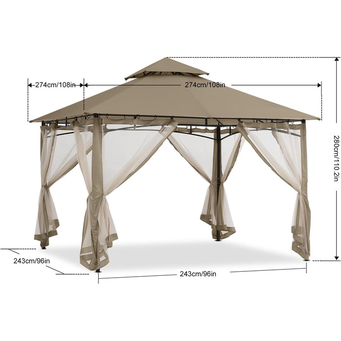 Павільйон садовий ABCCANOPY 2.5x2.5м Водонепроникний, зимовий, з подвійним дахом, сірим (з москітною сіткою)