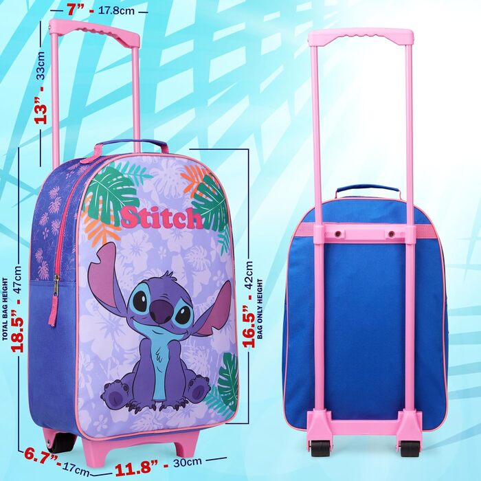 Дитяча валіза-тролей Disney Stitch для дівчаток та хлопчиків, ручний багаж з колесами для подорожей та відпустки, офіційний мерч Stitch, 47x30x17 см, синя