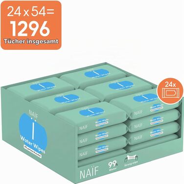 Дитячі вологі серветки Naïf без пластику, гіпоалергенні для тіла та обличчя, 99% води, без спирту та віддушок, 864 шт (16 упаковок по 54 шт)