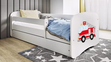 Дитяче ліжко Kids Collective 160x80 см з бортиком, ламелями та ящиком, біле, для хлопчиків, пожежна машина