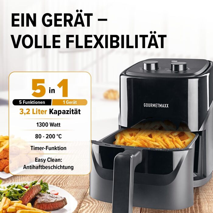 Аерофритюрниця GOURMETmaxx 3.1Л, 1350 Вт: мультифункціональна фритюрниця без олії з 6 програмами, таймером на 60 хв та функціями розморожування та підігріву