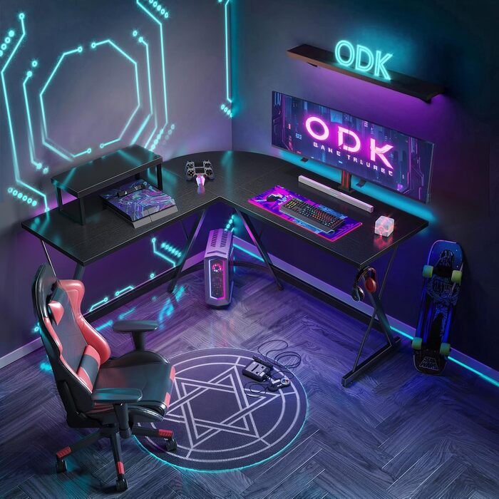 Ігровий L-подібний стіл ODK з підставкою для монітора, 127 x 127 x 75 см, комп'ютерний стіл для дому та офісу, чорний