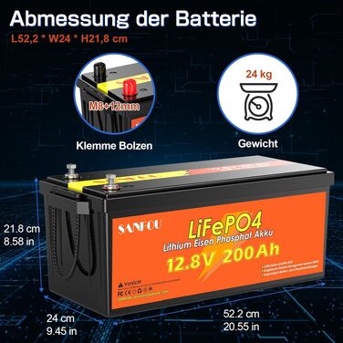 LiFePO4 акумулятор 12V 200Ah (2560Wh) з BMS 100A, літієва батарея Deep Cycle для кемпінгу та автобудинків, 12.8V
